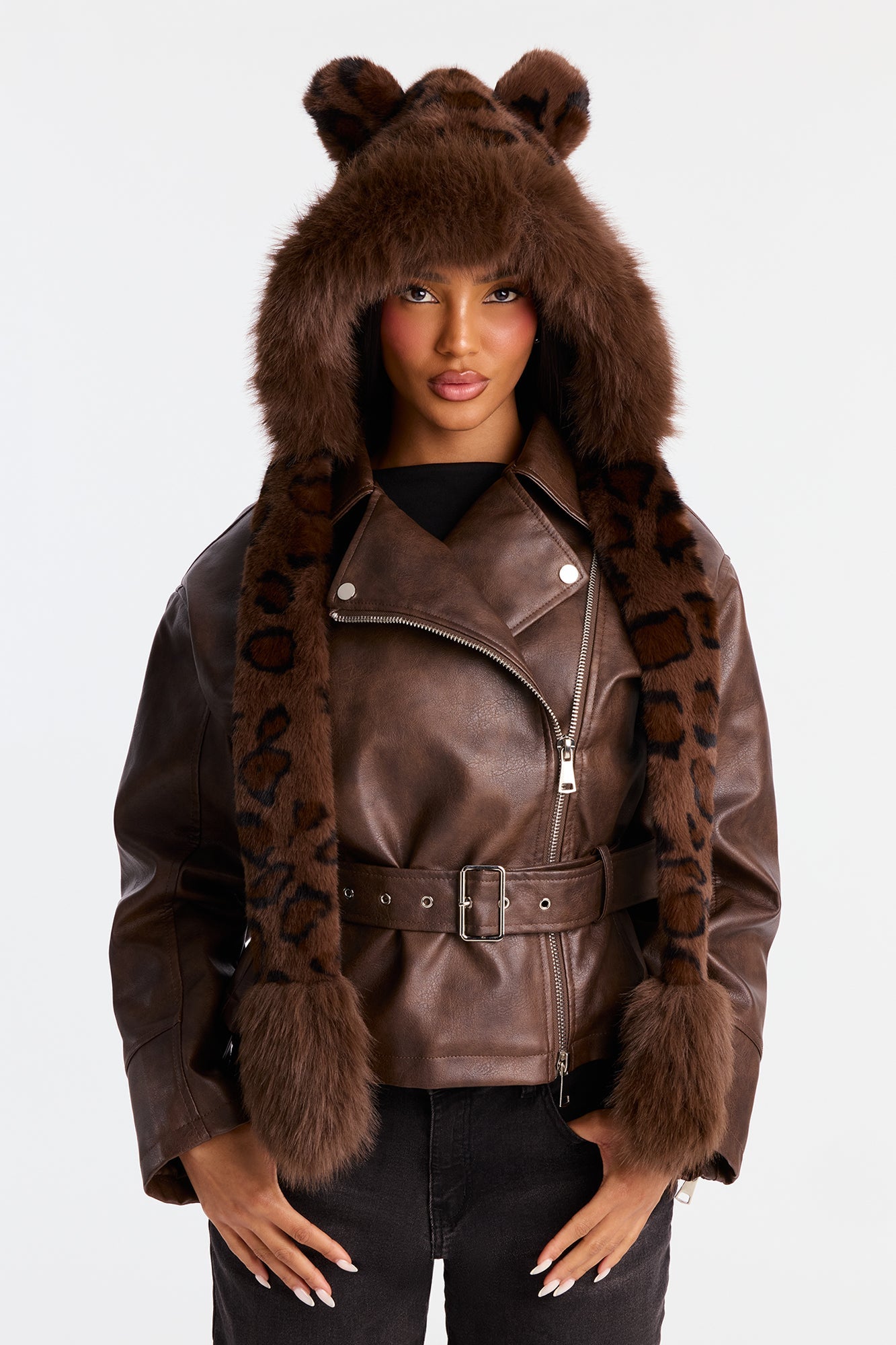 Roaring Nights Faux Fur Hooded Scarf - Brown/combo