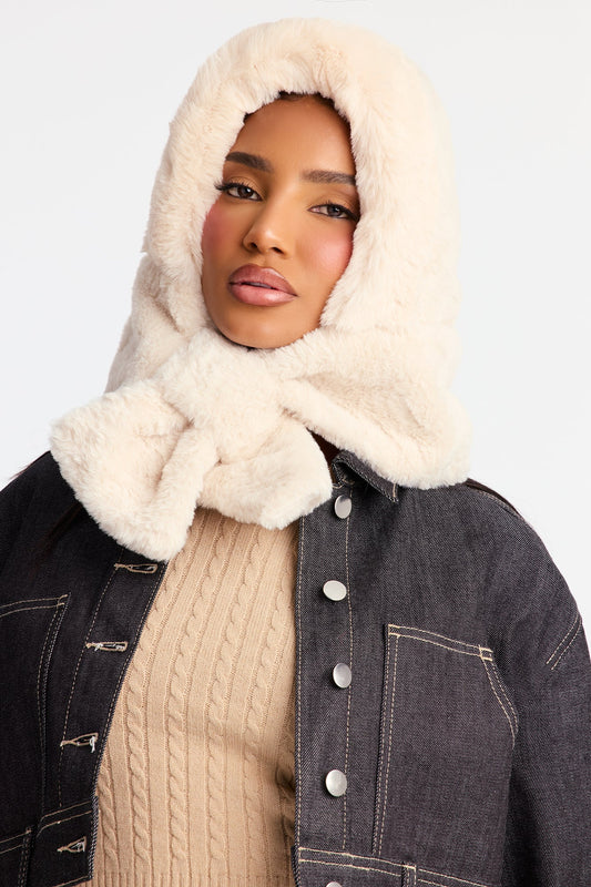 Cozy Girl Faux Fur Hooded Scarf - Ivory