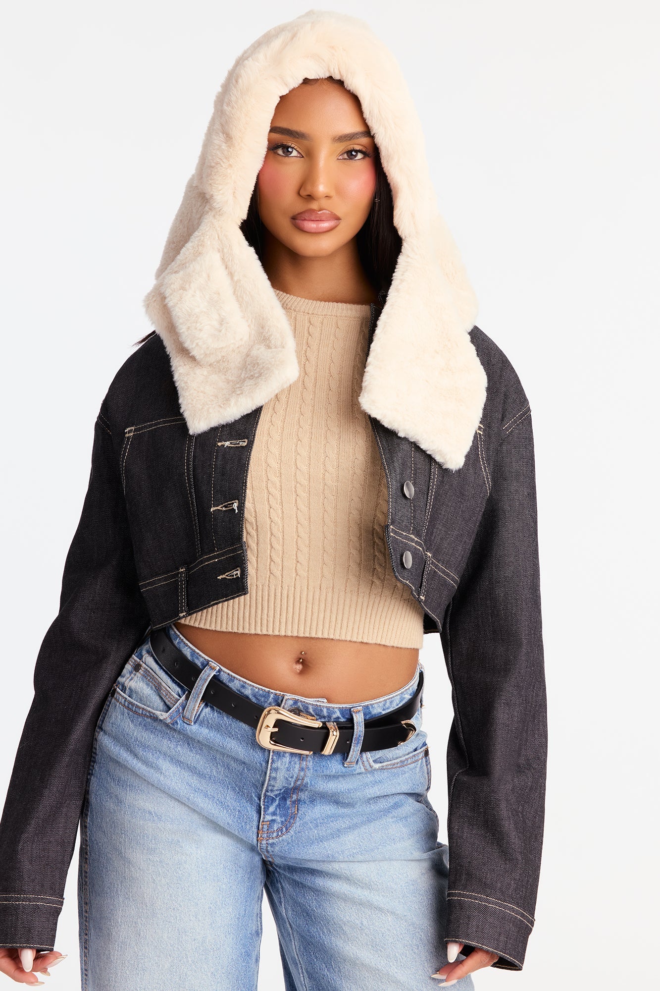 Cozy Girl Faux Fur Hooded Scarf - Ivory