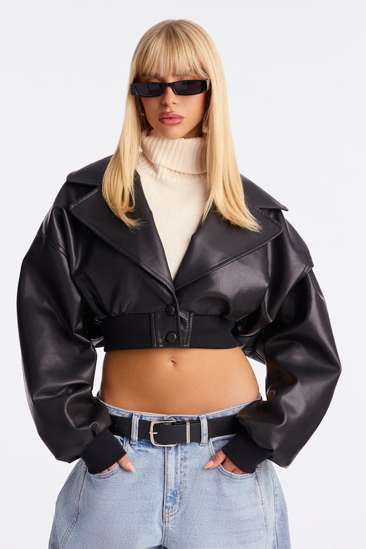 Janet Cropped Faux Leather Moto Jacket - Black