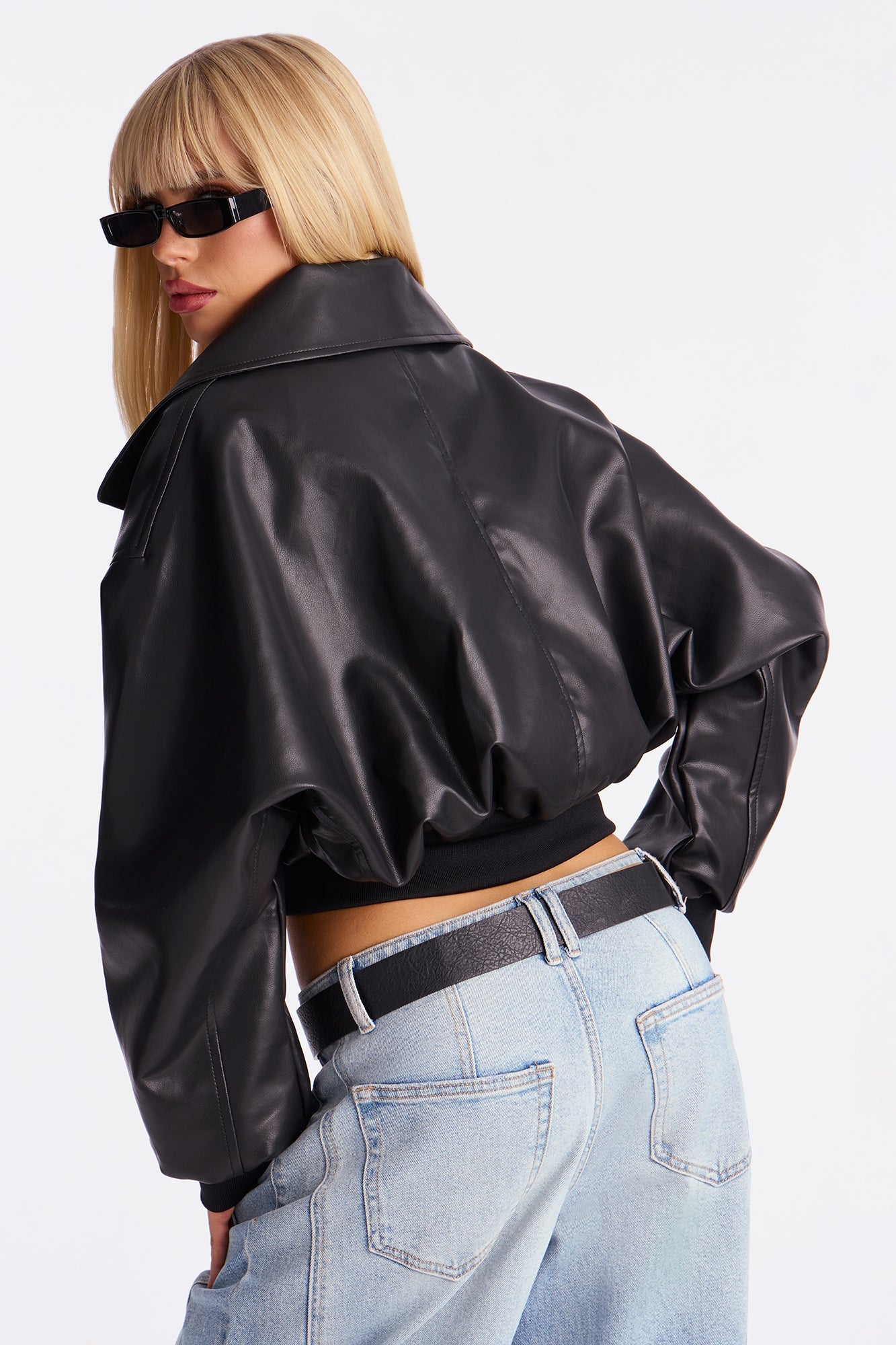 Janet Cropped Faux Leather Moto Jacket - Black
