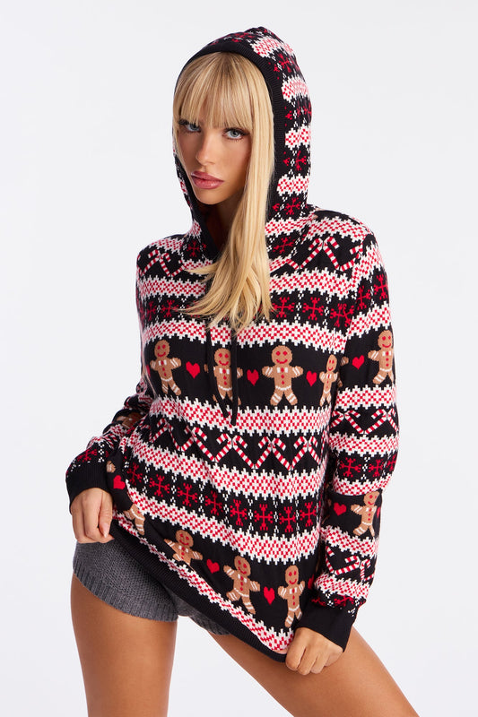 Christmas Spirit Gingerbread Hooded Sweater - Black/combo