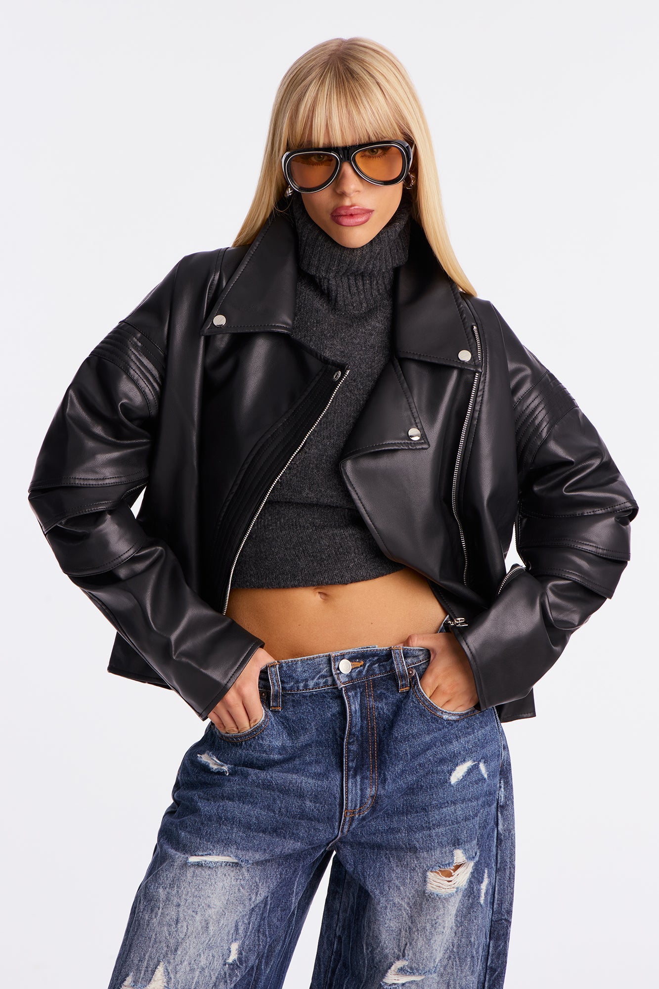 Bet On Me Oversized Faux Leather Moto Jacket - Black