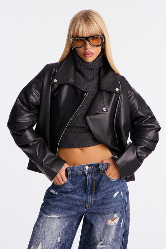 Bet On Me Oversized Faux Leather Moto Jacket - Black