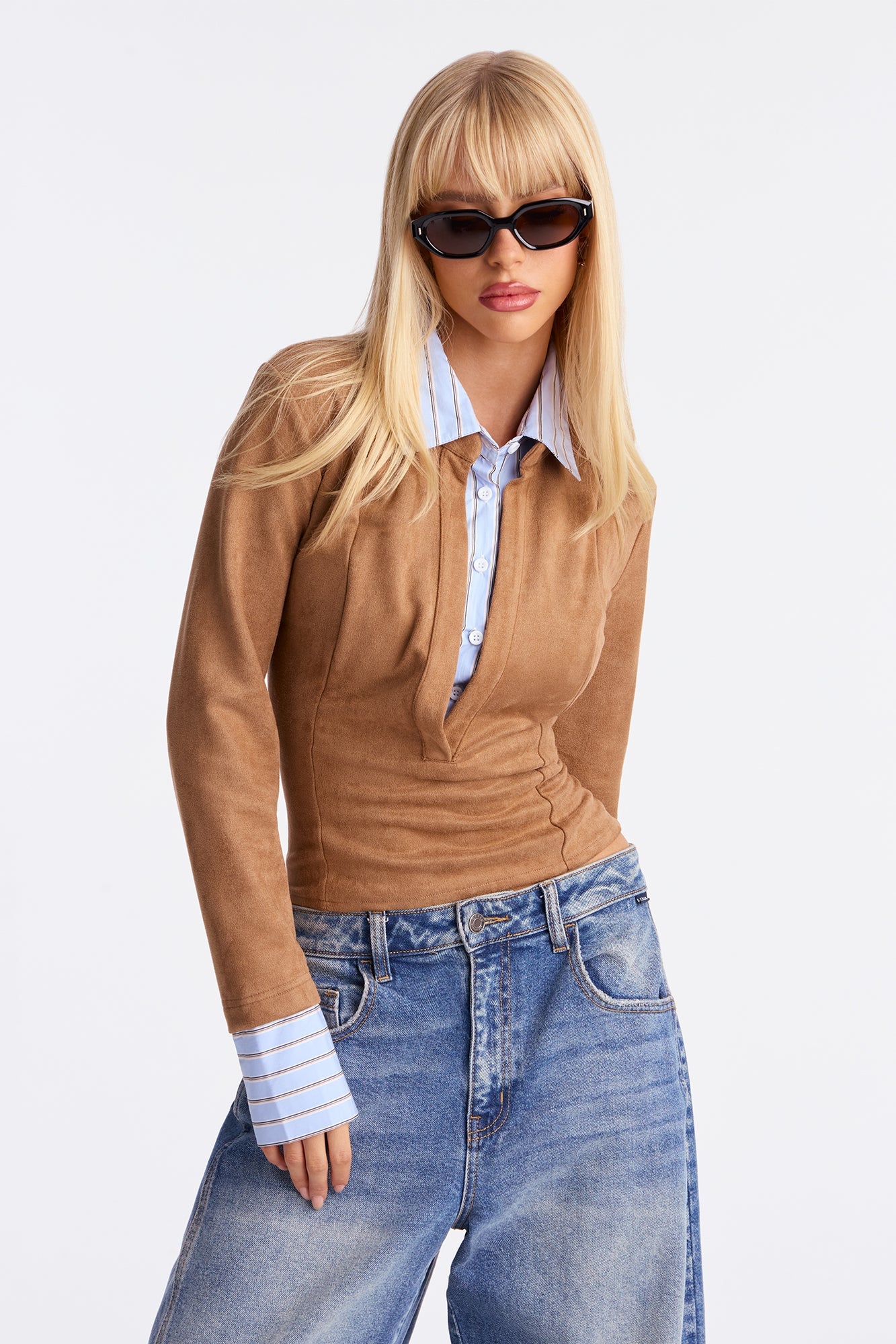 Perfect Illusion Faux Suede Top - Camel/combo