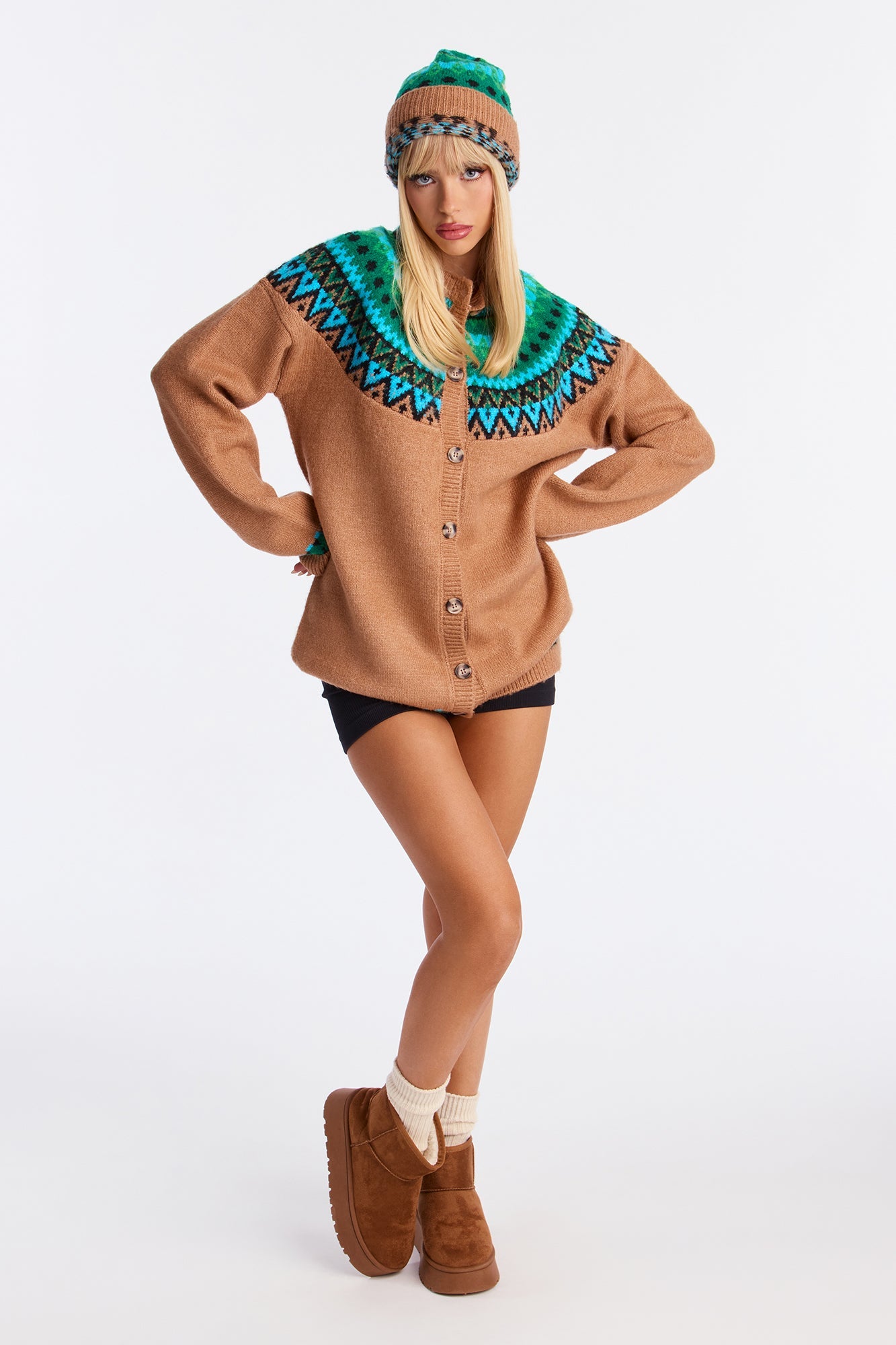 Emerson Fair Isle Beanie Cardigan 2 Piece Set - Multi Color