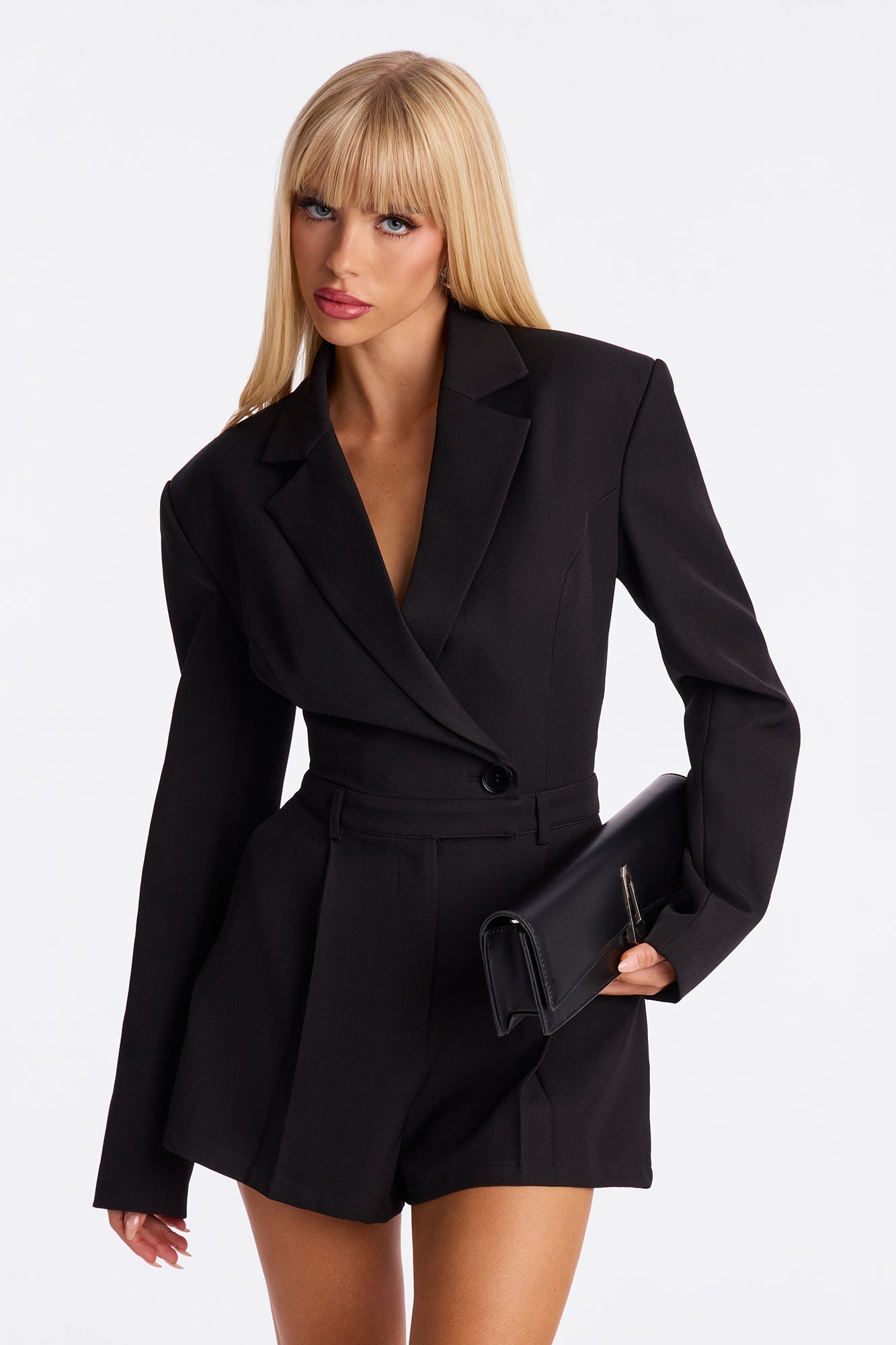 Shantal Bold Shoulder Blazer Romper - Black