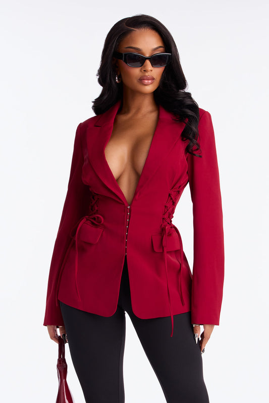 Cheyenne Crepe Woven Lace Up Blazer - Burgundy