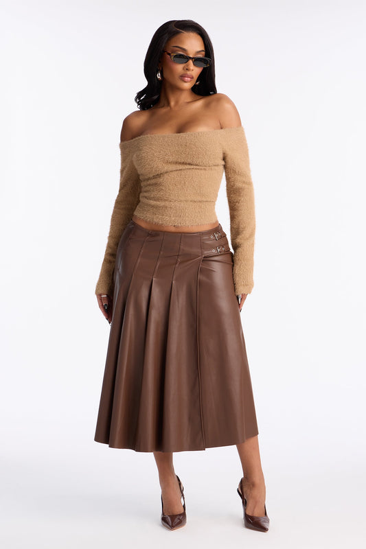 Kylie Belted Faux Leather Midi Skirt - Cognac