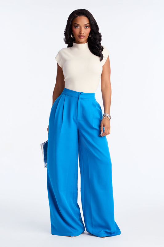Delia Wide Leg Crepe Trousers 33″ - Cerulean
