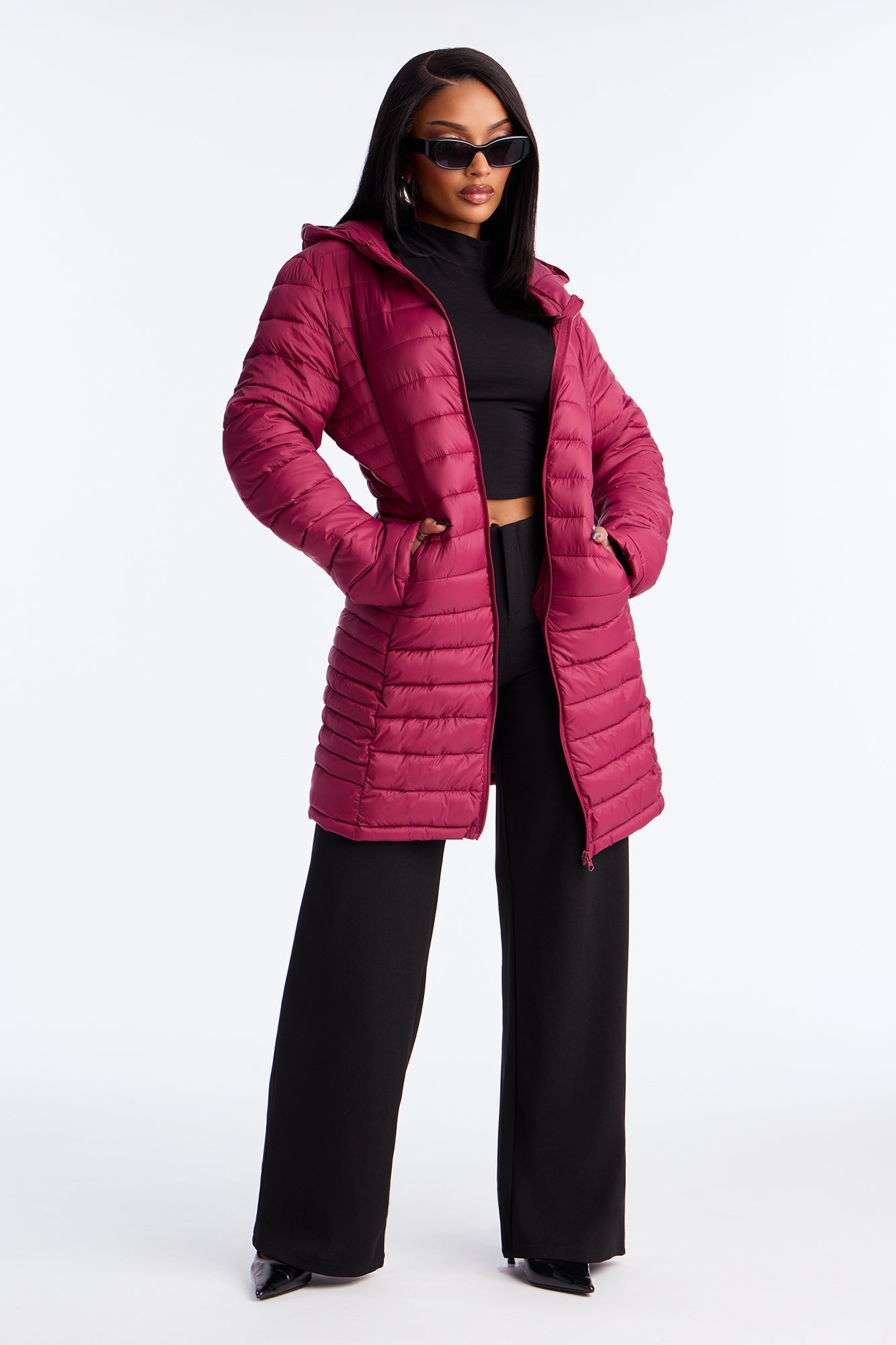 Padded Landing Puffer Coat - Burgundy