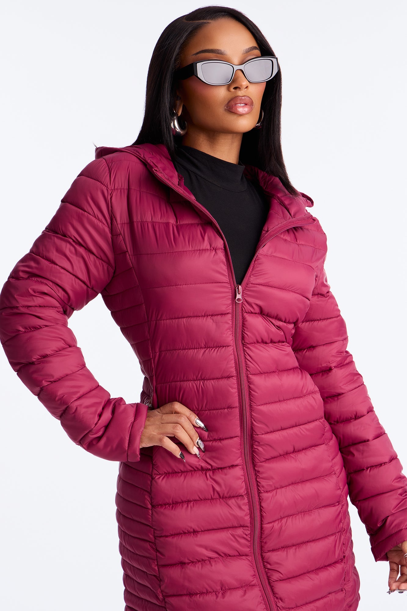 Padded Landing Puffer Coat - Burgundy