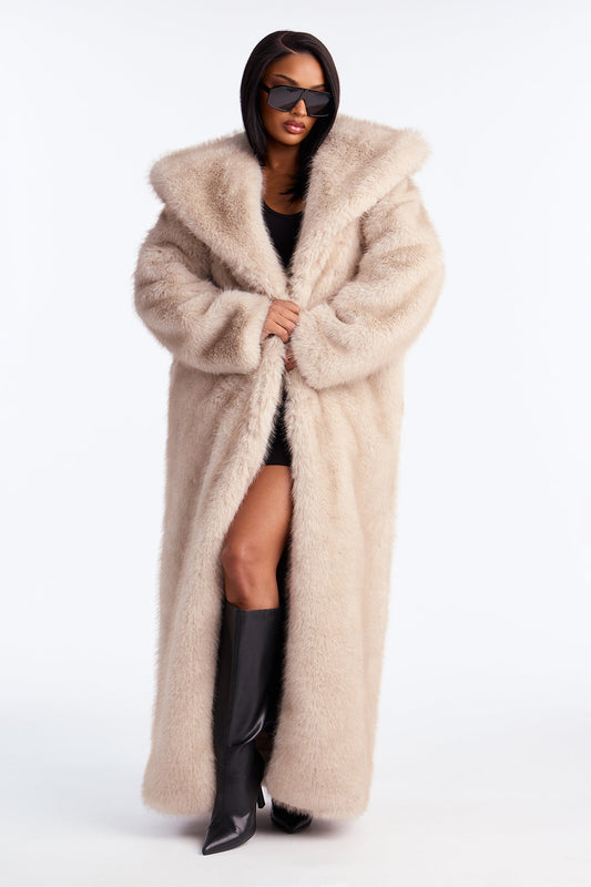 Bella Donna Two Tone Long Faux Fur Coat - Stone