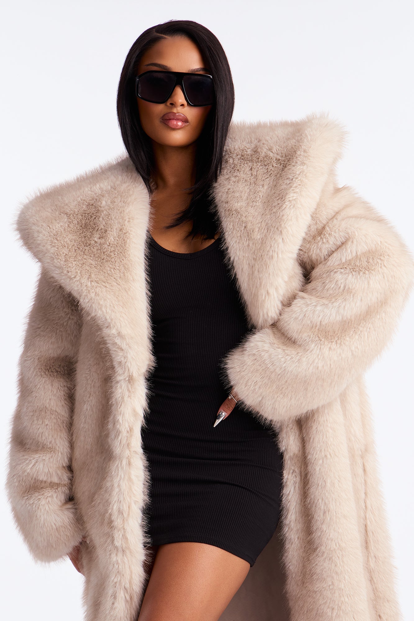 Bella Donna Two Tone Long Faux Fur Coat - Stone