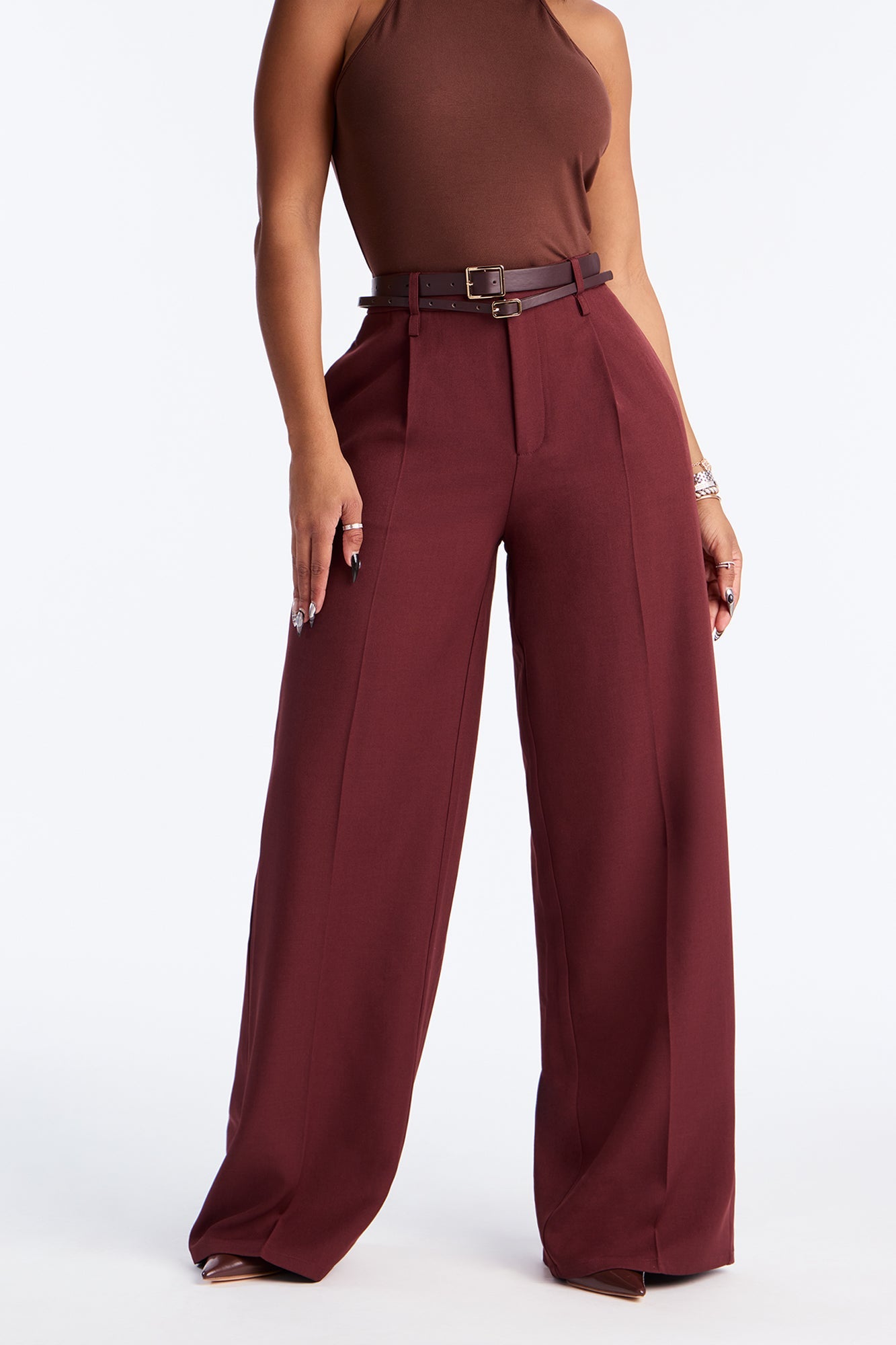 Geraldine Belted Wide Leg Trousers 33″ - Wine