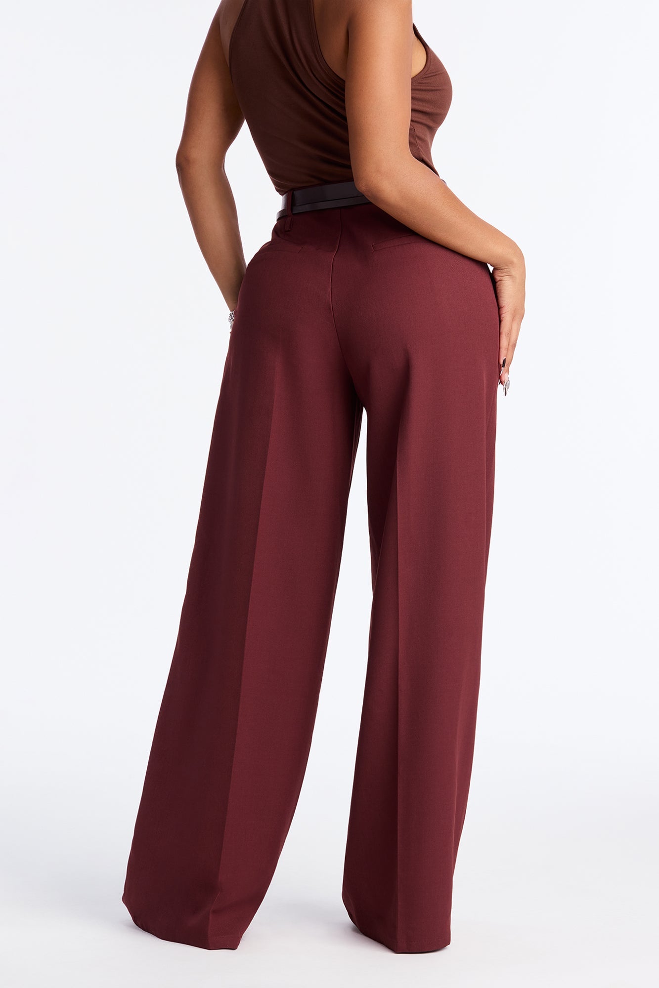 Geraldine Belted Wide Leg Trousers 33″ - Wine