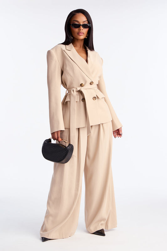 End Of Time Wide Leg Belted Trousers 33″ - Stone