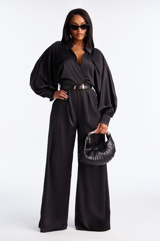 Shantel Satin Belted Jumpsuit - Black