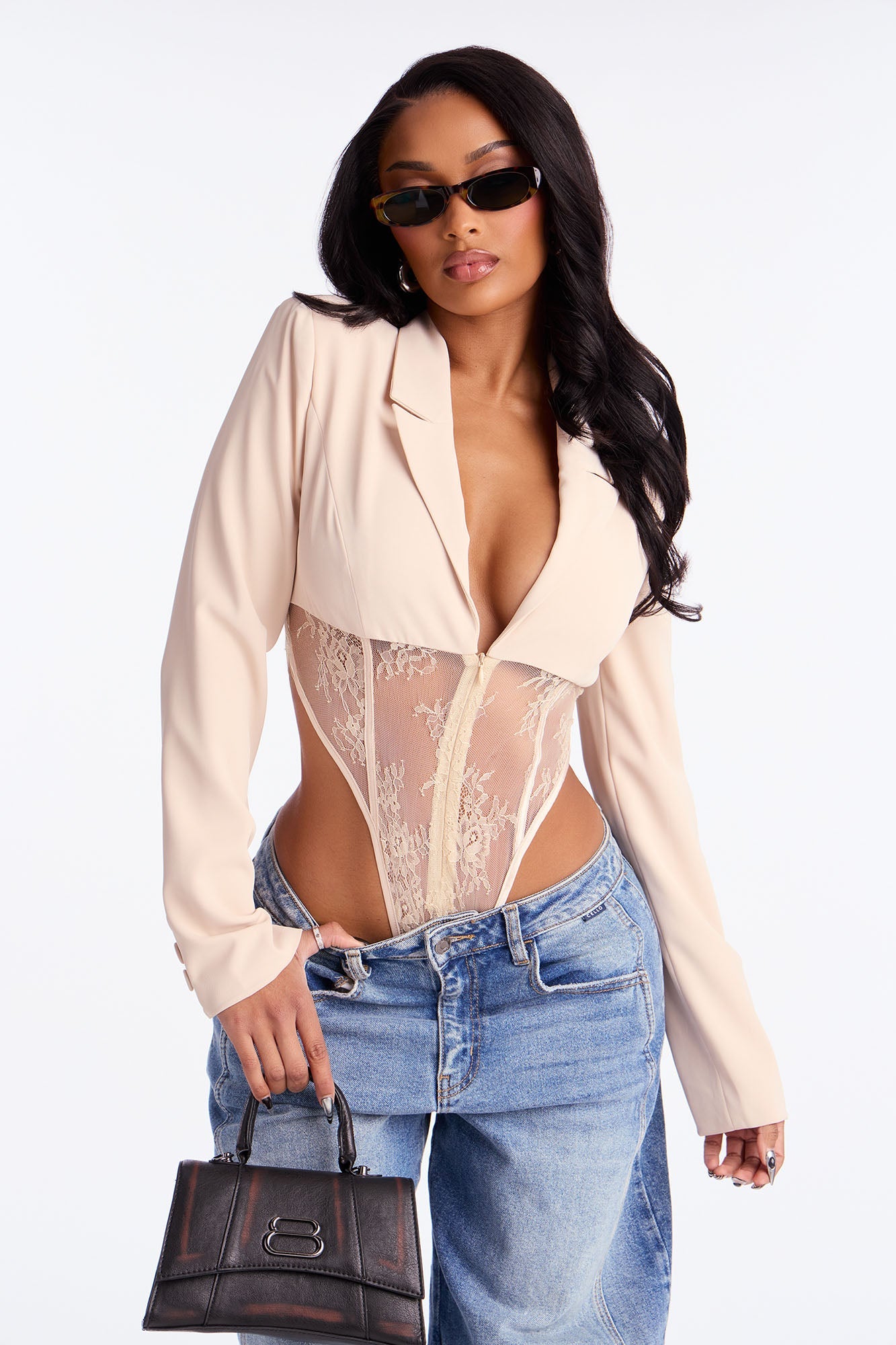 Isabella Shoulder Pads Lace Bodysuit - Beige