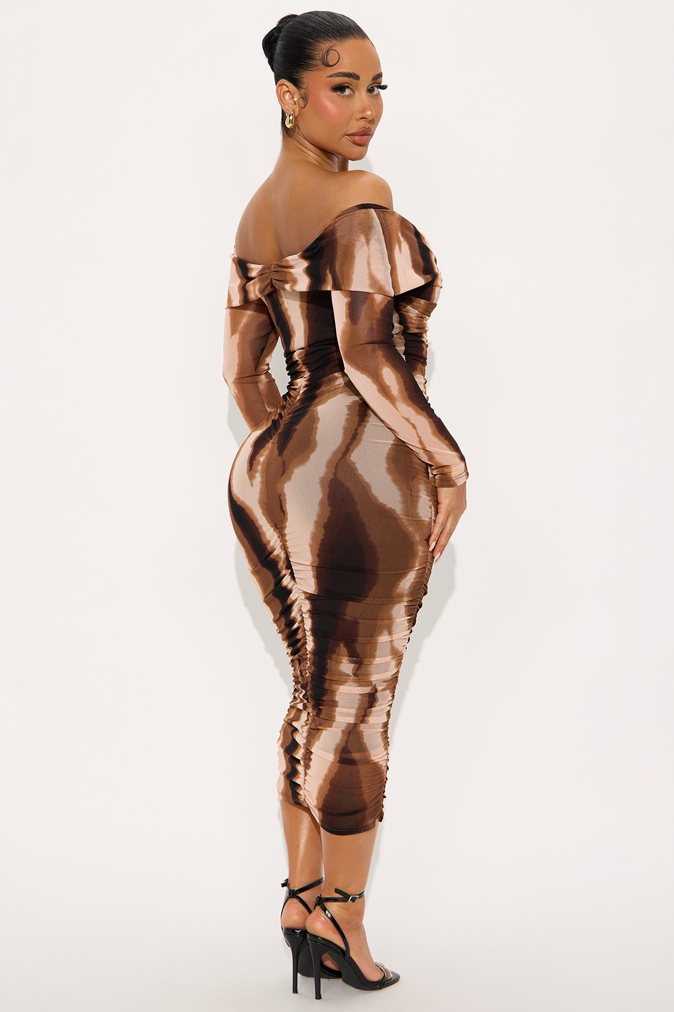 To Dye For Off Shoulder Mesh Midi Dress - Brown