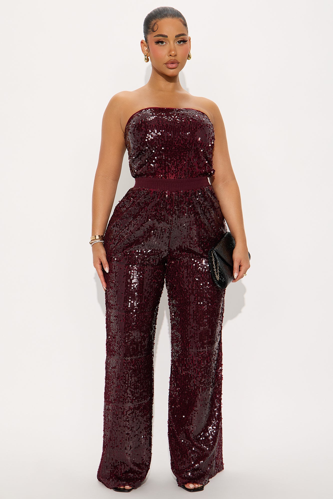 Shiny Nights Sequin Strapless Jumpsuit - Burgundy