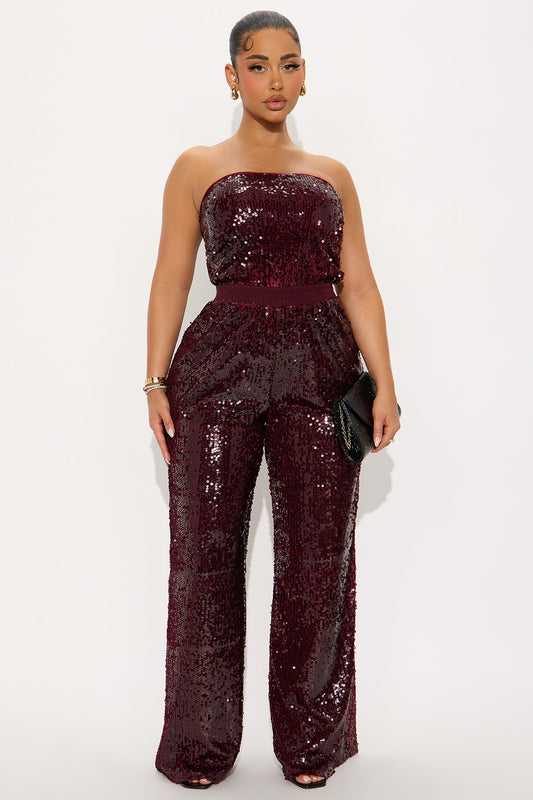 Shiny Nights Sequin Strapless Jumpsuit - Burgundy