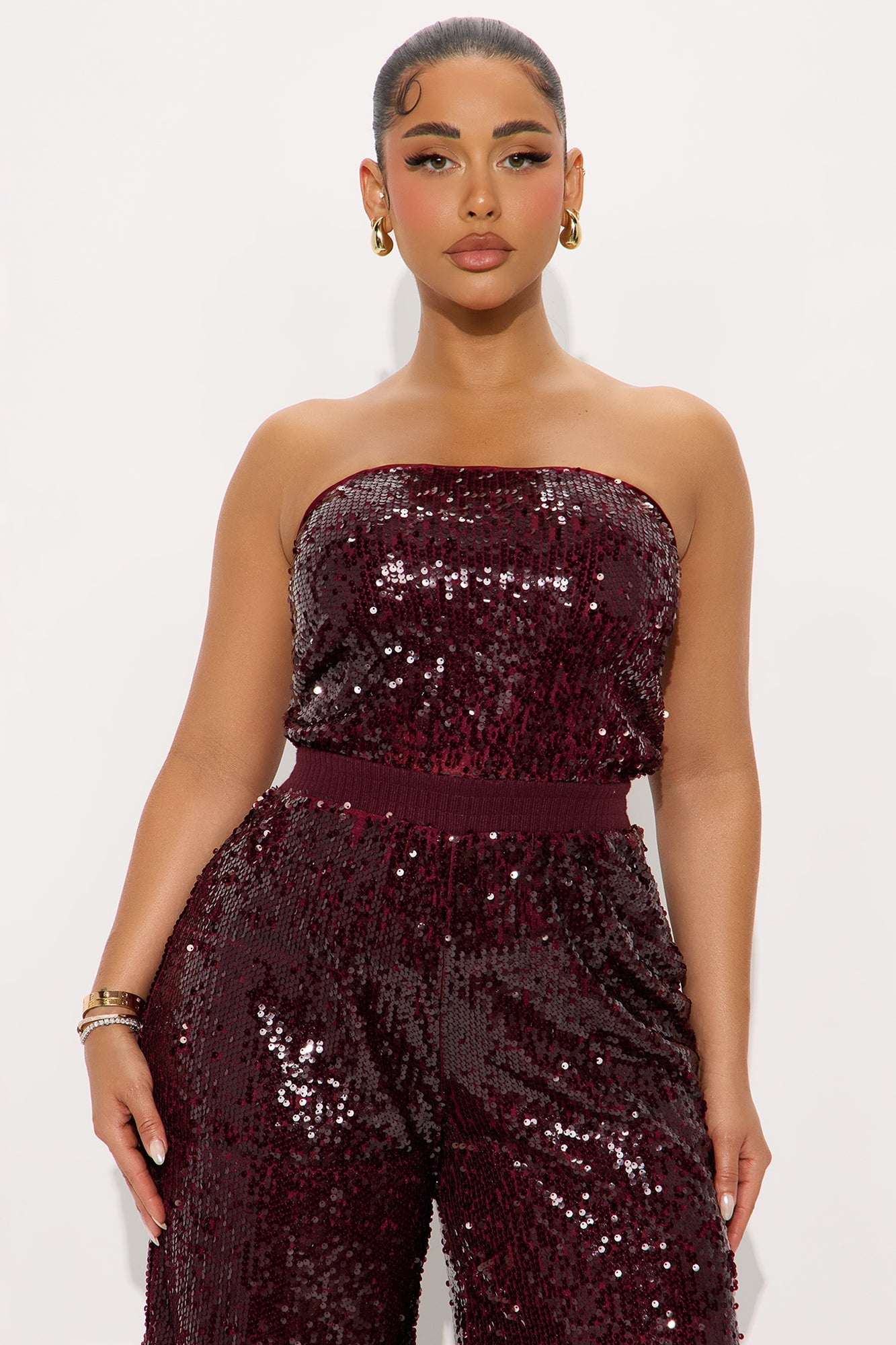 Shiny Nights Sequin Strapless Jumpsuit - Burgundy