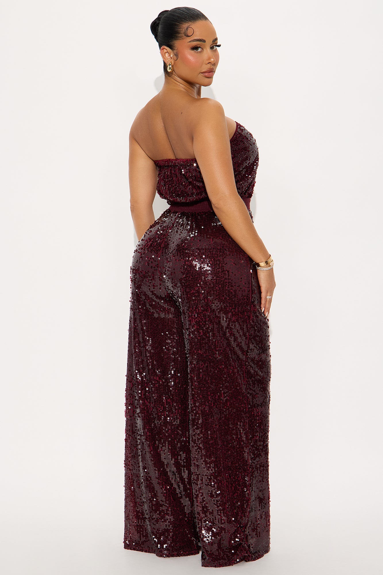 Shiny Nights Sequin Strapless Jumpsuit - Burgundy