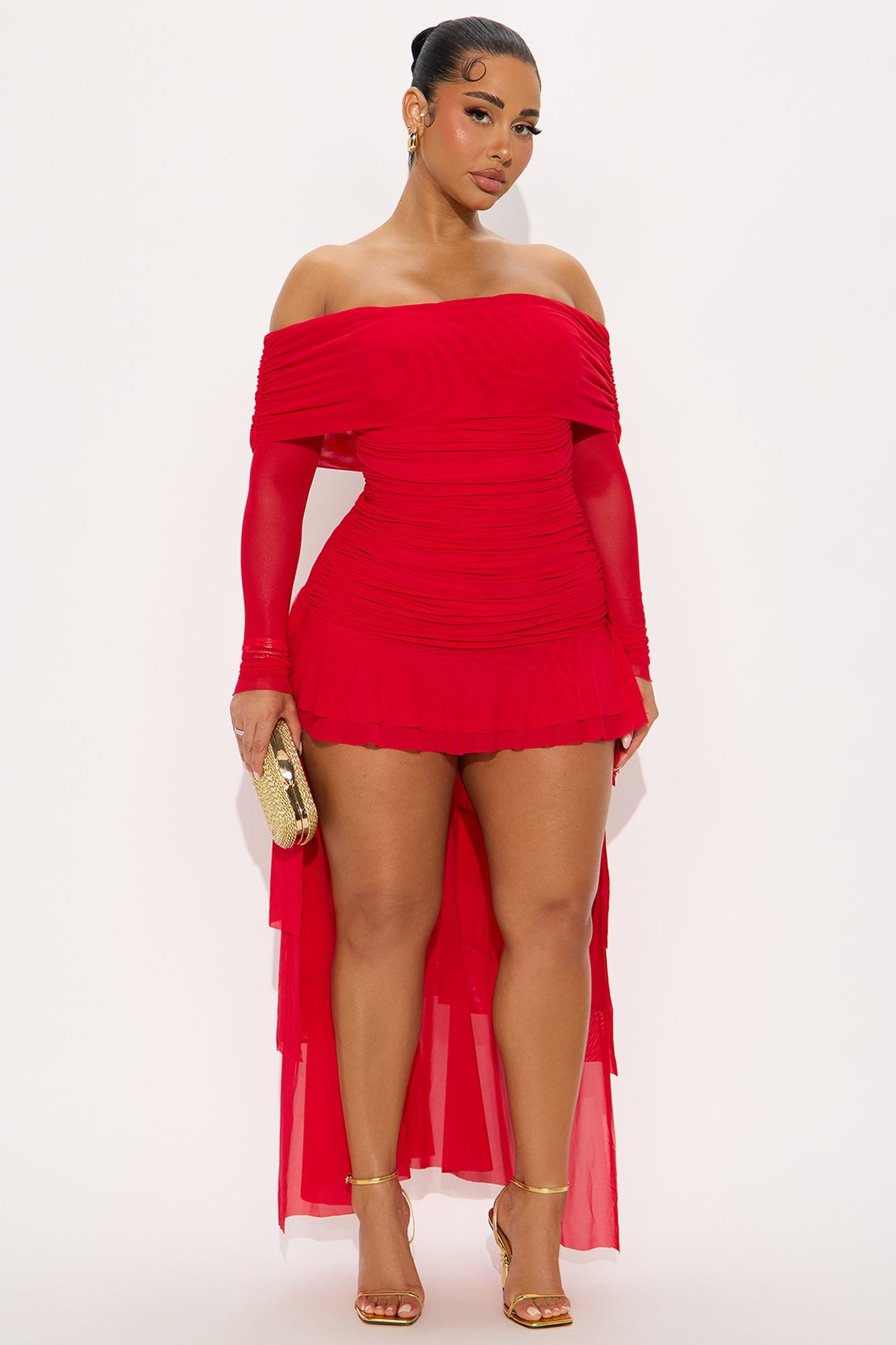 Naya Ruffle Asymmetrical Mesh Mini Dress - Red