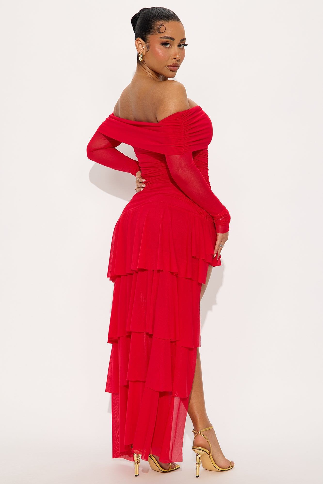 Naya Ruffle Asymmetrical Mesh Mini Dress - Red