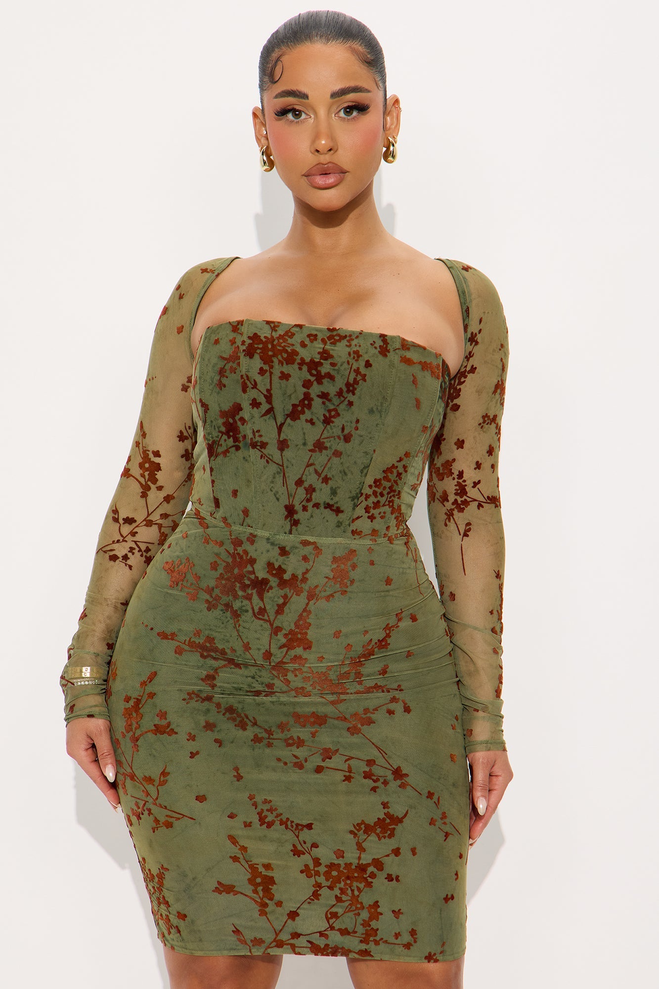 Eden Strapless Mesh Flocked Midi Dress - Olive