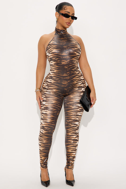 Rya Animal Print Backless Halter Jumpsuit - Brown/combo