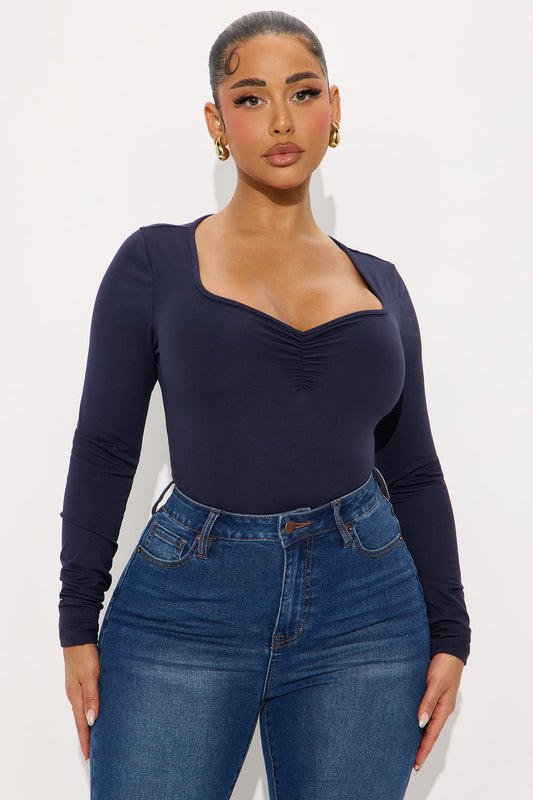 So Sweet Ruched Long Sleeve Basic Top - Navy