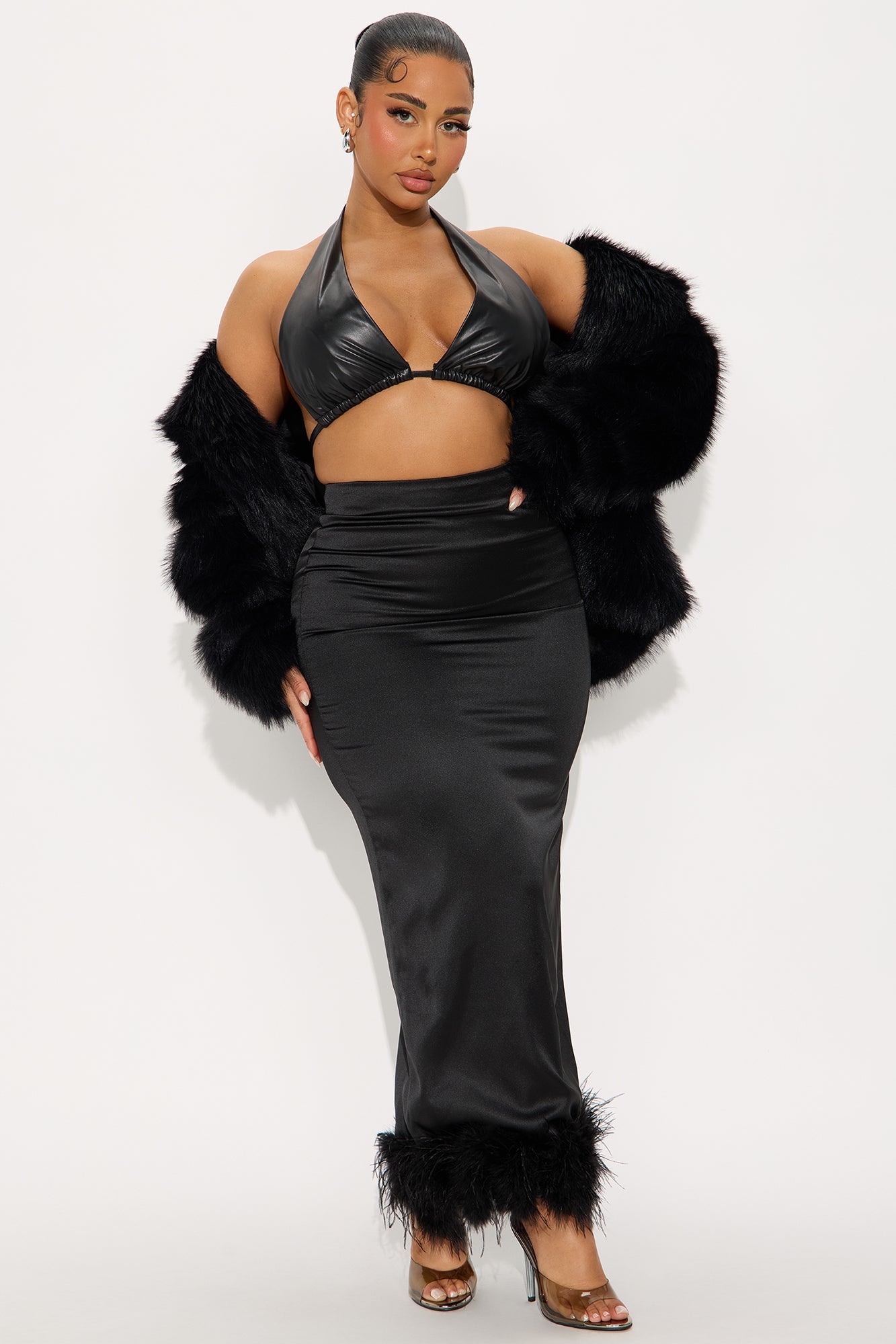 Keep It Classy Satin Feathered Maxi Skirt - Black