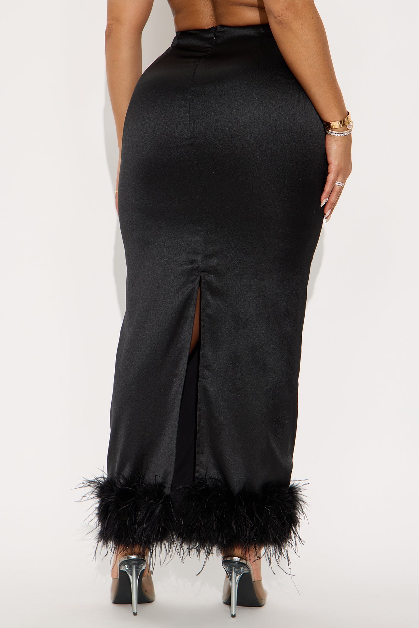 Keep It Classy Satin Feathered Maxi Skirt - Black