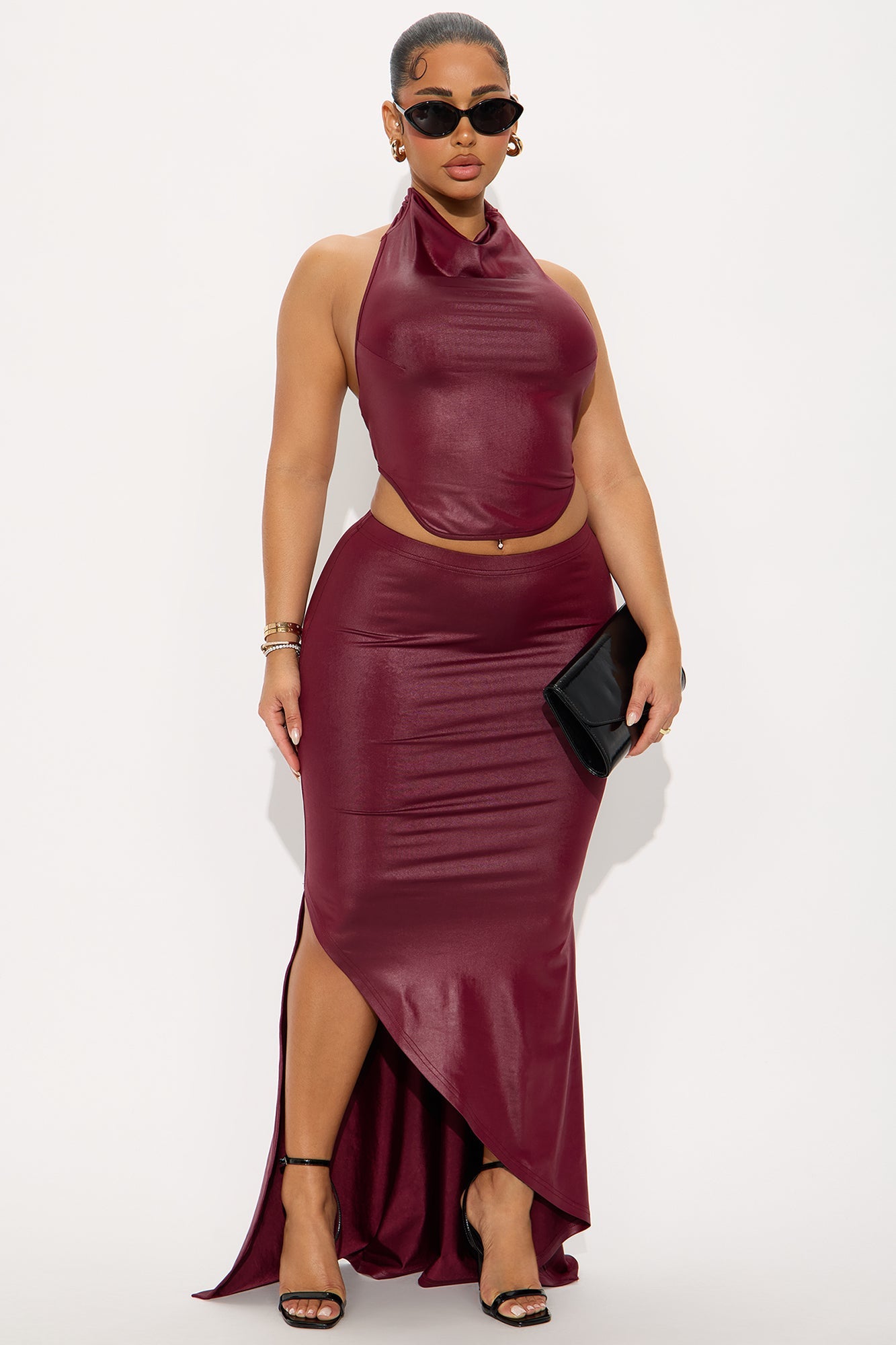 Sasha Faux Leather Halter Maxi Skirt Set - Burgundy