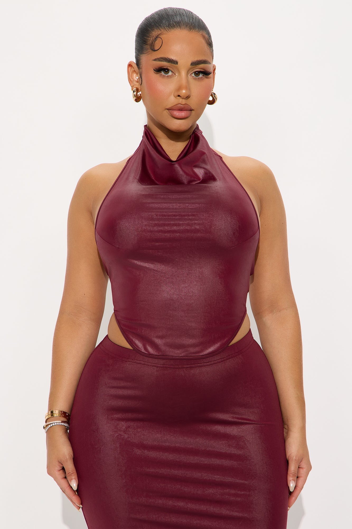 Sasha Faux Leather Halter Maxi Skirt Set - Burgundy