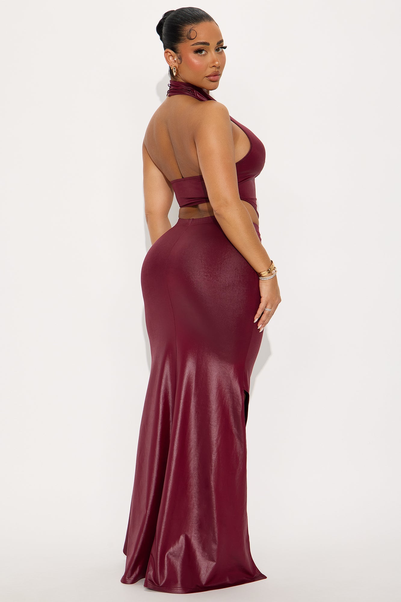 Sasha Faux Leather Halter Maxi Skirt Set - Burgundy