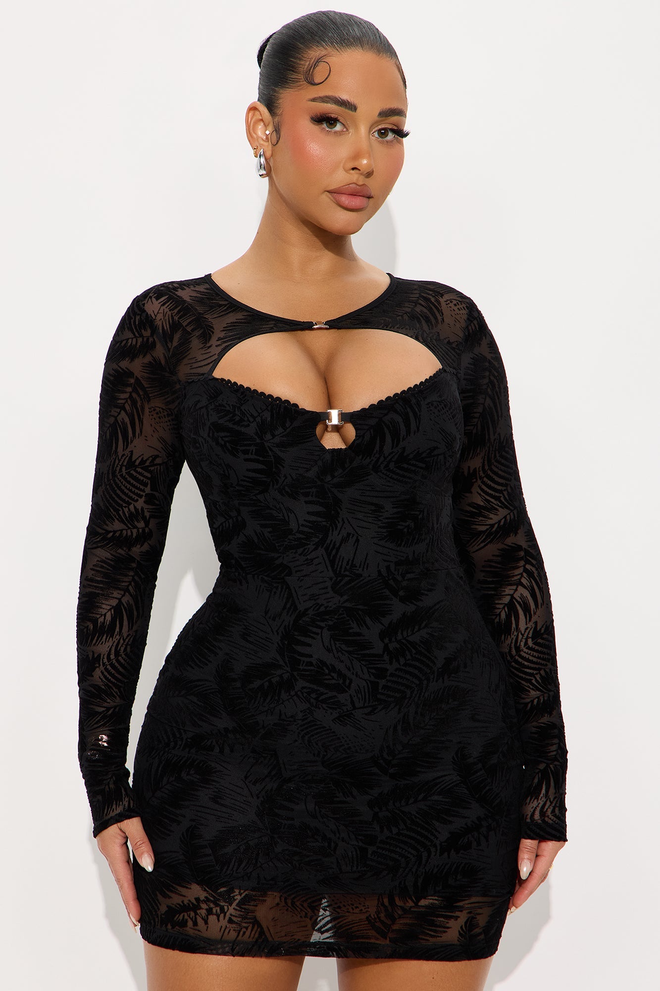 Dark Ember Mesh Flocked Cut Out Mini Dress - Black