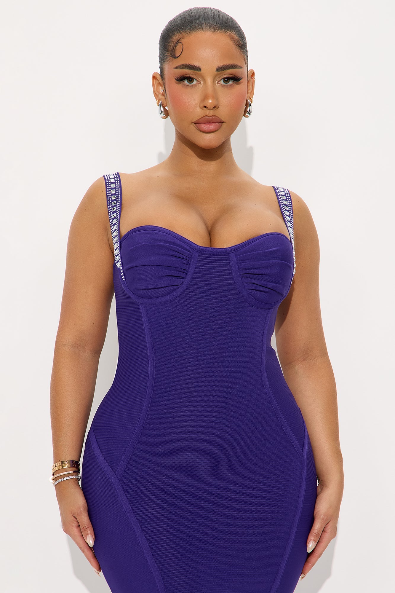 Show Stopper Rhinestone Embellished Bandage Midi Dress - Indigo