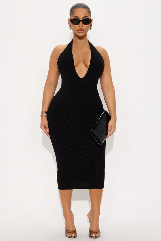 Ana Halter Snatched Midi Dress - Black