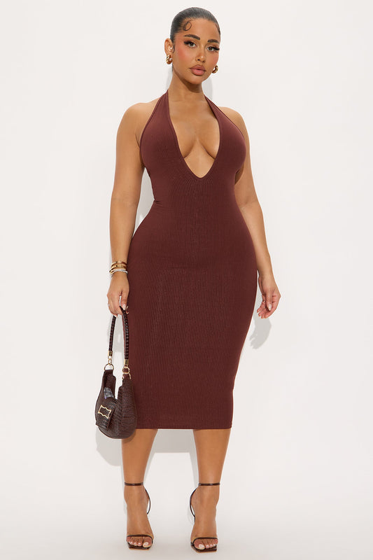 Ana Halter Snatched Midi Dress - Brown