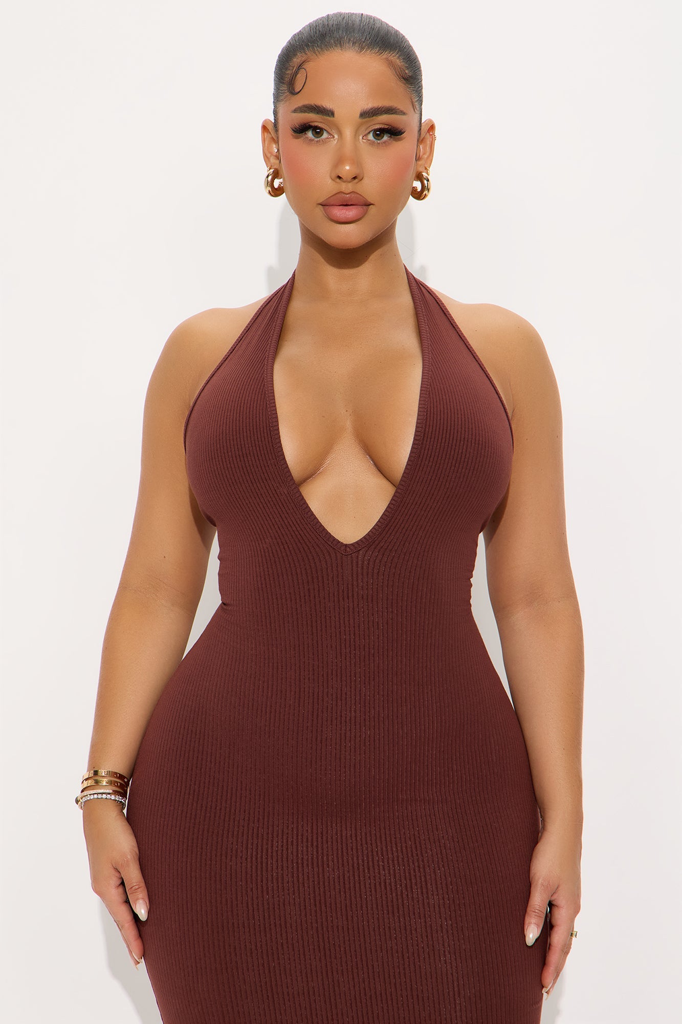 Ana Halter Snatched Midi Dress - Brown