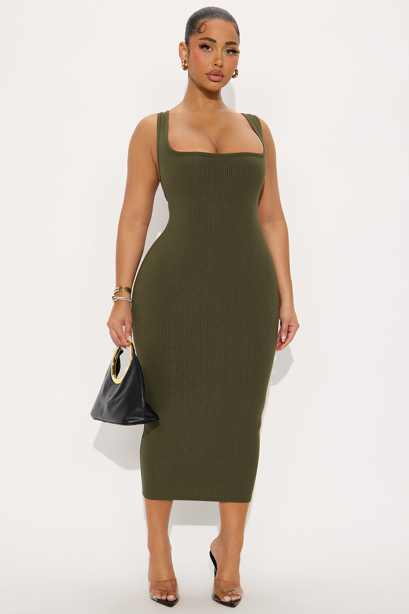 Sara Square Neck Snatched Midi Dress - Olive