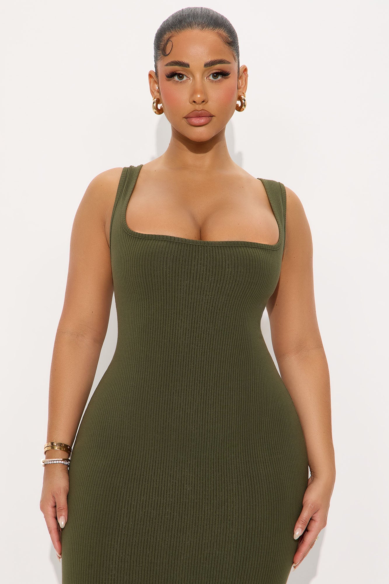Sara Square Neck Snatched Midi Dress - Olive