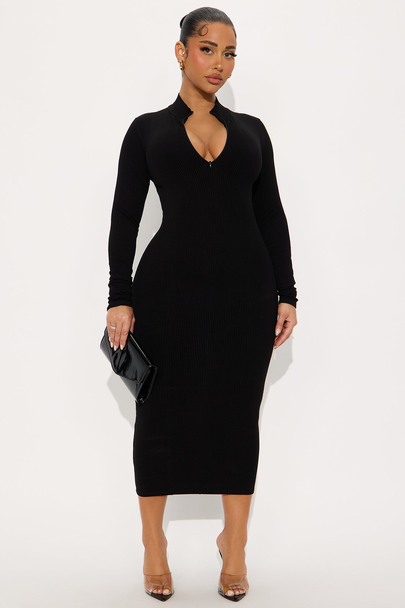 Mia Zip Long Sleeve Snatched Midi Dress - Black