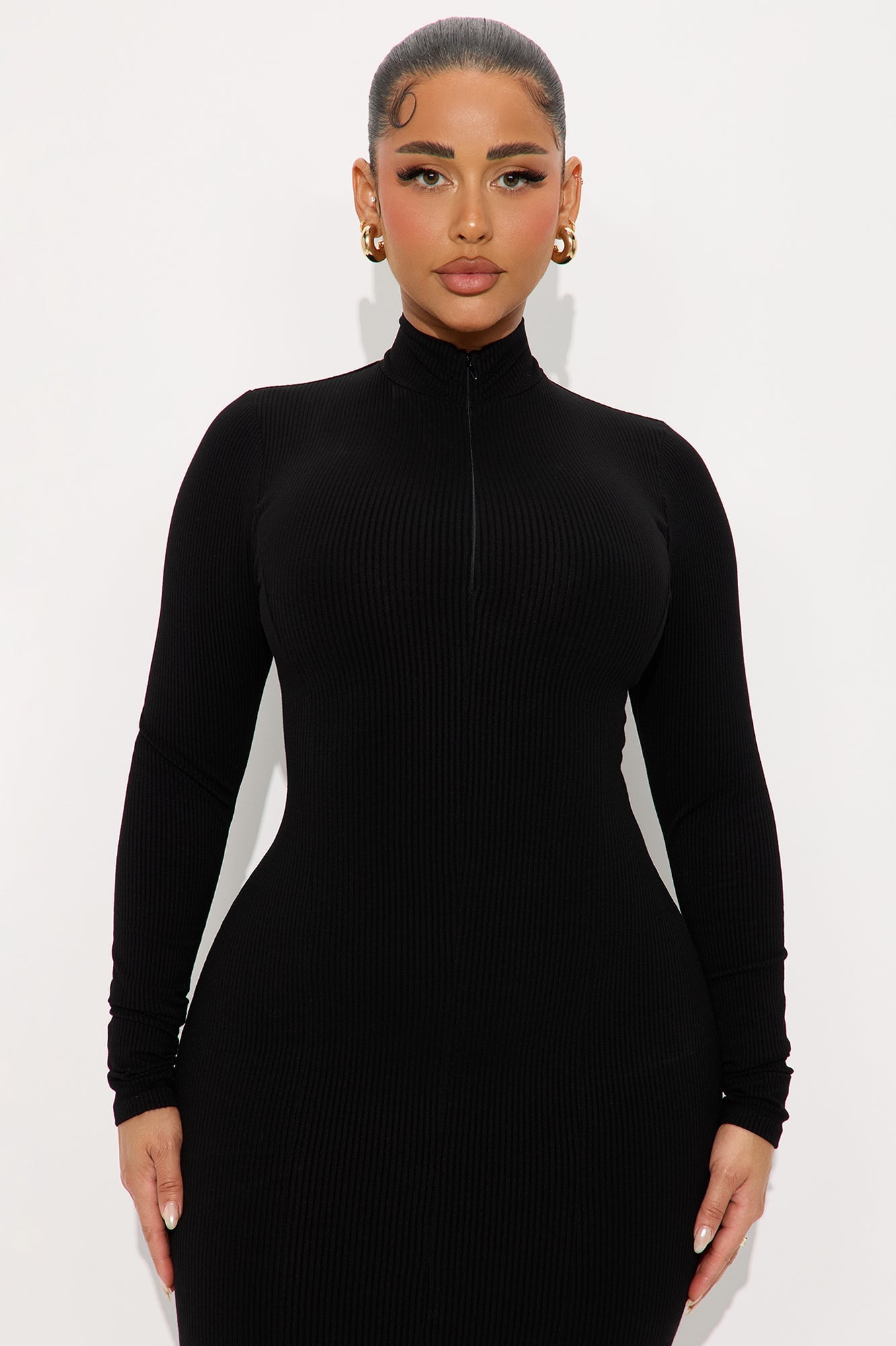 Mia Zip Long Sleeve Snatched Midi Dress - Black