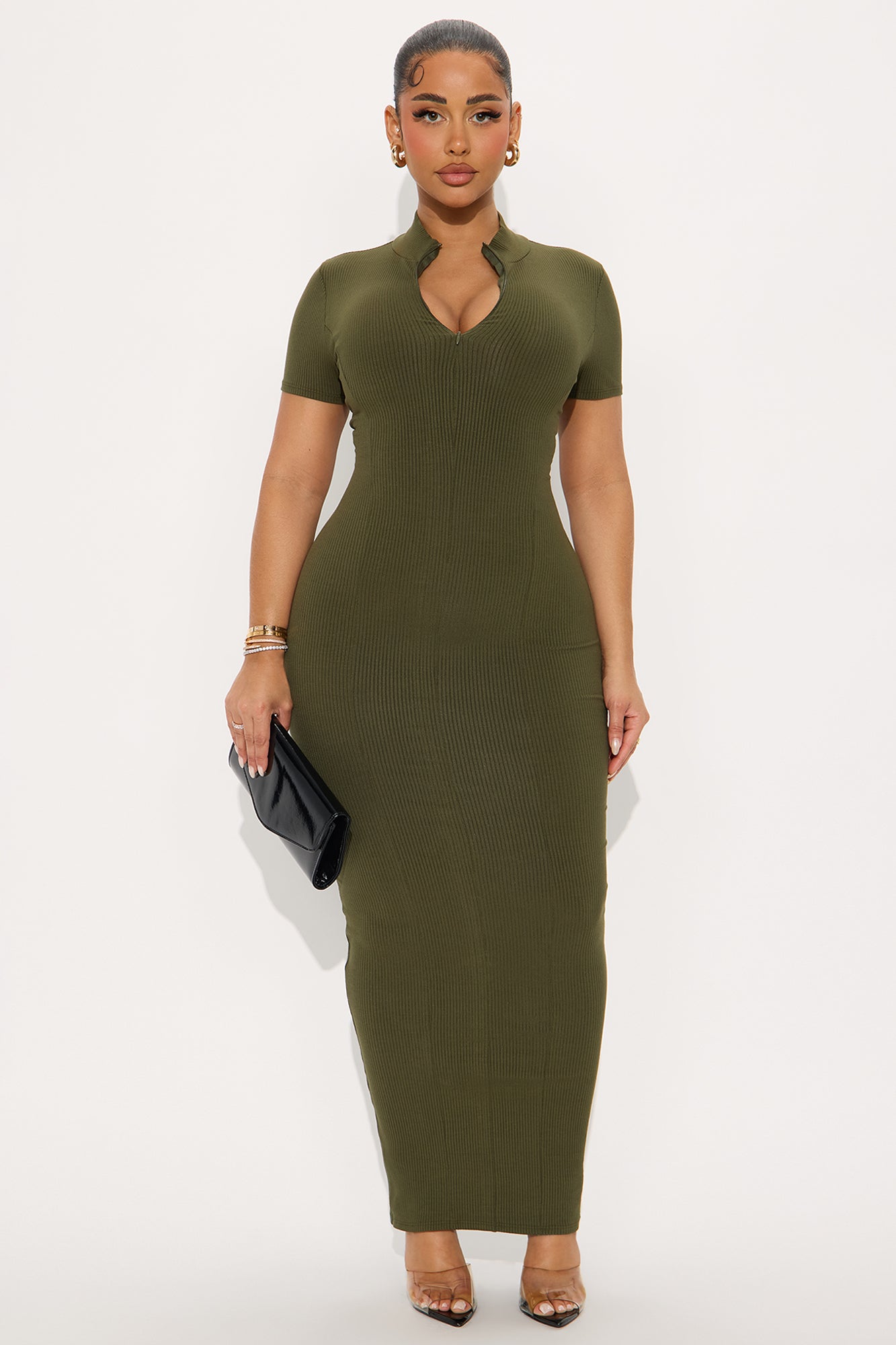 Mia Zip Snatched Maxi Dress - Olive
