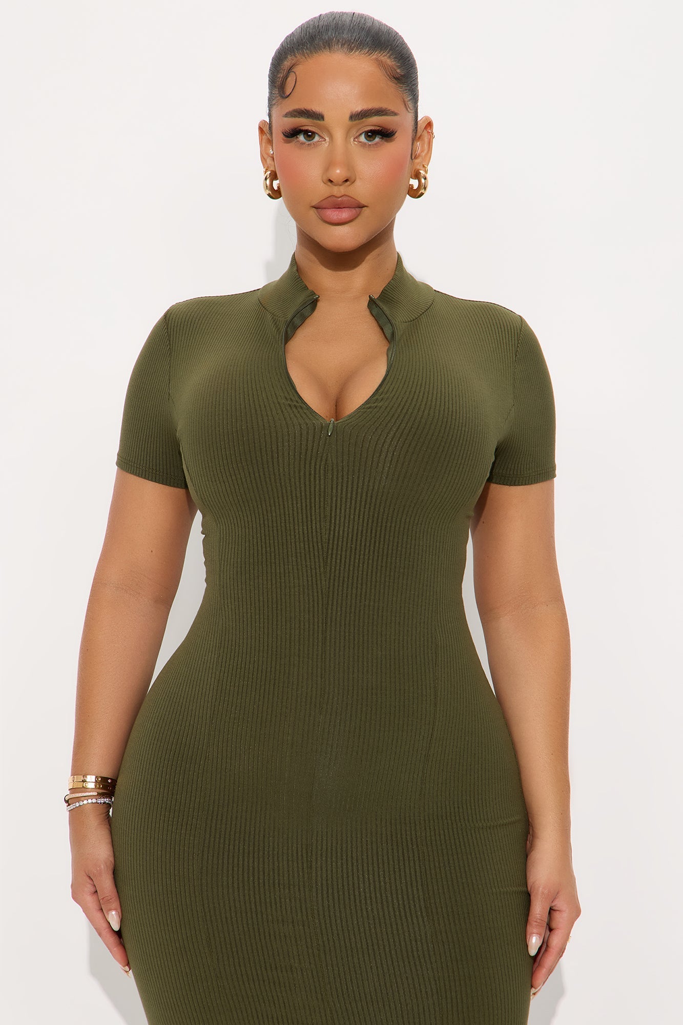 Mia Zip Snatched Maxi Dress - Olive