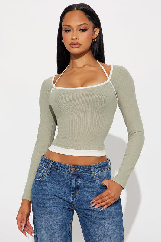 Terra Ribbed Long Sleeve Baby Tee - Sage/combo